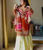 Orange designer embroidered silk blend party wear sharara suit and dupatta set