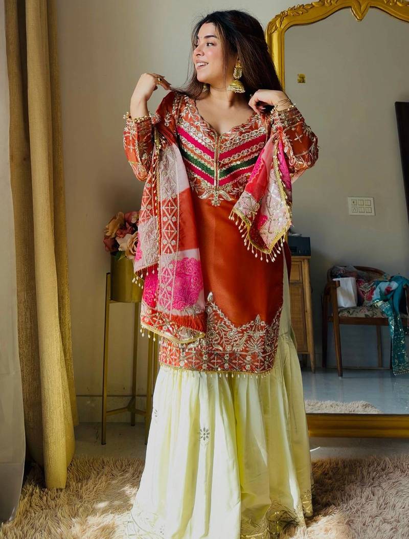 Orange designer embroidered silk blend party wear sharara suit and dupatta set