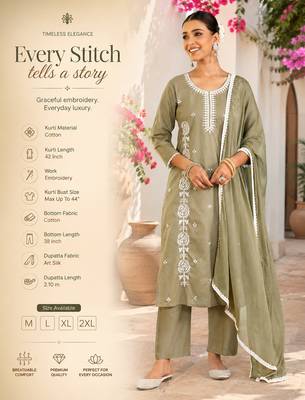 Women's olive green cotton embroidered straight kurta set with dupatta and pant 2