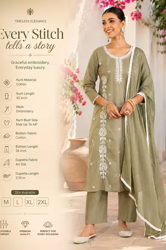 Women's olive green cotton embroidered straight kurta set with dupatta and pant