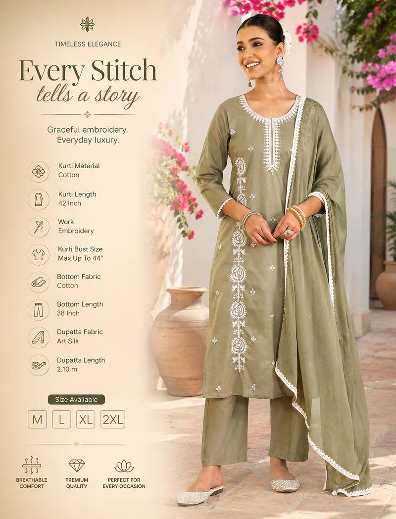 Women's olive green cotton embroidered straight kurta set with dupatta and pant