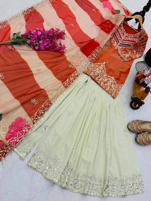 Orange designer embroidered silk blend party wear sharara suit and dupatta set 2