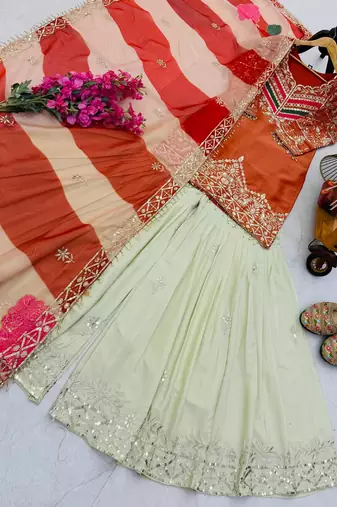 Orange designer embroidered silk blend party wear sharara suit and dupatta set