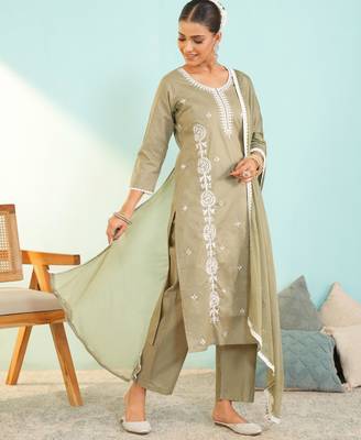Women's olive green cotton embroidered straight kurta set with dupatta and pant 3