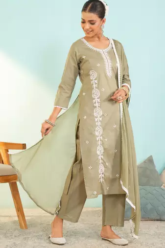 Women's olive green cotton embroidered straight kurta set with dupatta and pant