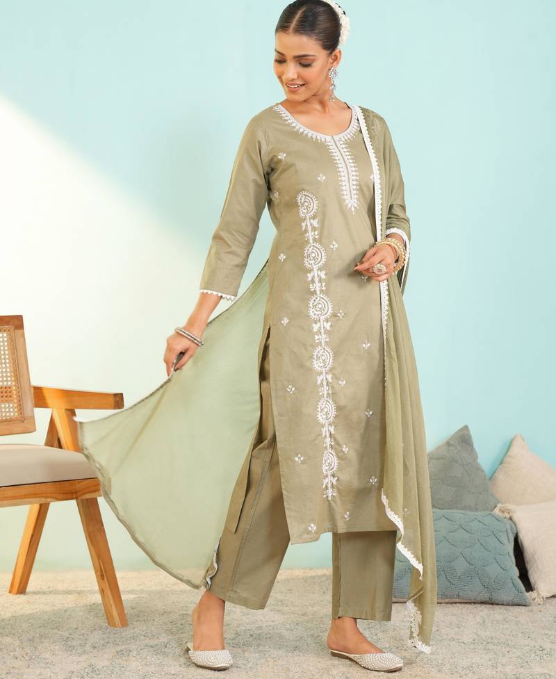 Women's olive green cotton embroidered straight kurta set with dupatta and pant