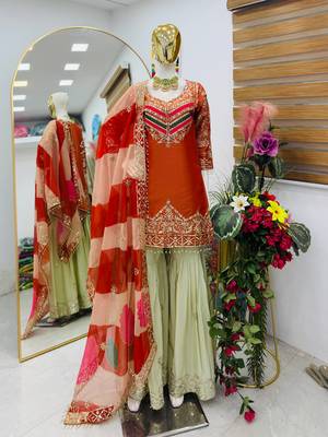 Orange designer embroidered silk blend party wear sharara suit and dupatta set 3