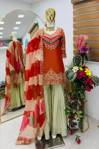 Orange designer embroidered silk blend party wear sharara suit and dupatta set