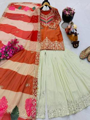 Orange designer embroidered silk blend party wear sharara suit and dupatta set 4