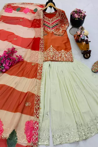 Orange designer embroidered silk blend party wear sharara suit and dupatta set