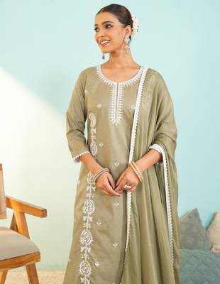 Women's olive green cotton embroidered straight kurta set with dupatta and pant 4