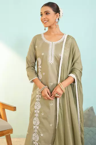 Women's olive green cotton embroidered straight kurta set with dupatta and pant