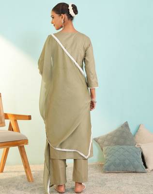 Women's olive green cotton embroidered straight kurta set with dupatta and pant 5