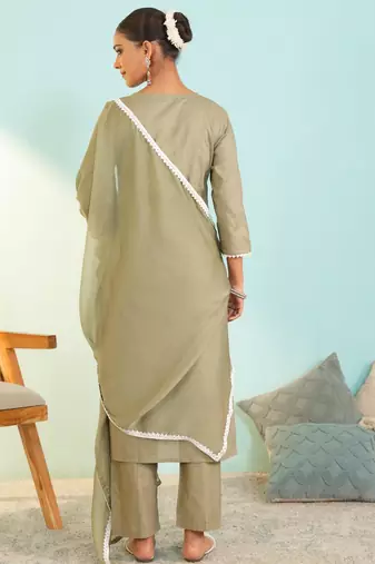 Women's olive green cotton embroidered straight kurta set with dupatta and pant