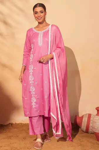 Women's pink cotton embroidered straight kurta set with dupatta and pant