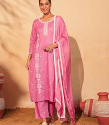 Women's pink cotton embroidered straight kurta set with dupatta and pant