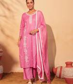 Women's pink cotton embroidered straight kurta set with dupatta and pant