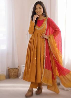 Premium mustard heavy neck embroidery anarkali suit set with dupatta & pant 1