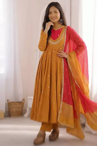 Premium mustard heavy neck embroidery anarkali suit set with dupatta & pant
