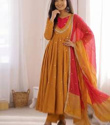 Premium mustard heavy neck embroidery anarkali suit set with dupatta & pant