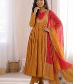 Premium mustard heavy neck embroidery anarkali suit set with dupatta & pant