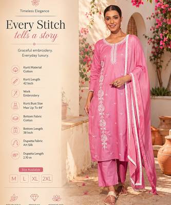 Women's pink cotton embroidered straight kurta set with dupatta and pant 2