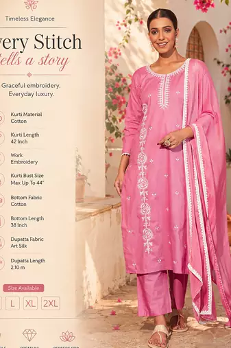 Women's pink cotton embroidered straight kurta set with dupatta and pant