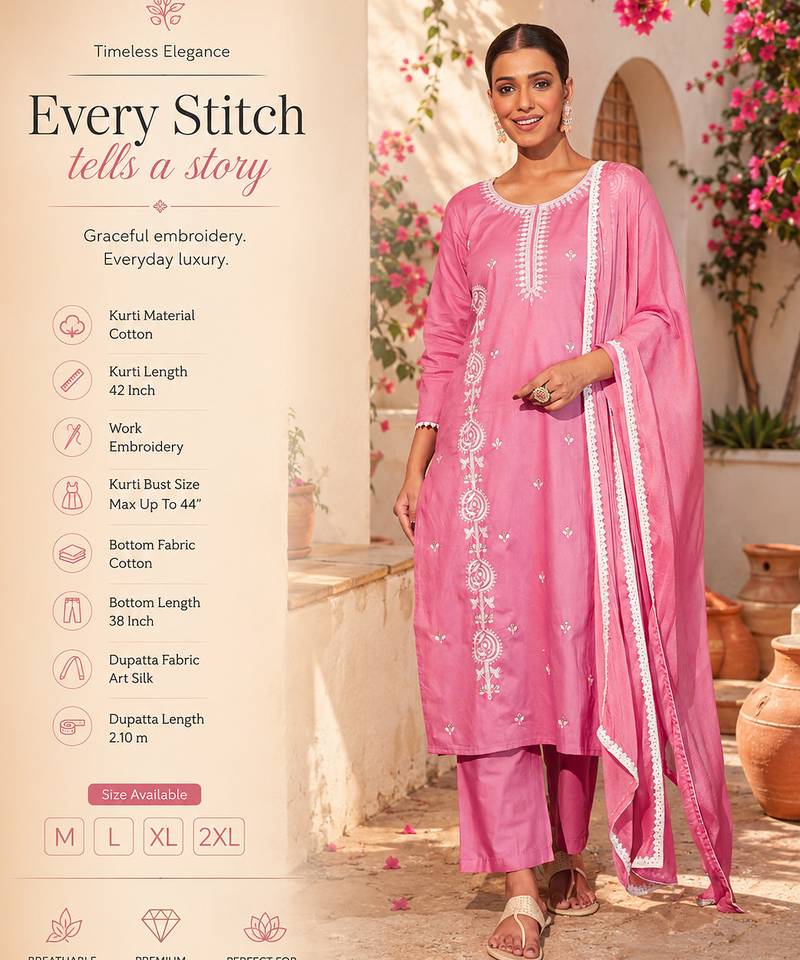 Women's pink cotton embroidered straight kurta set with dupatta and pant