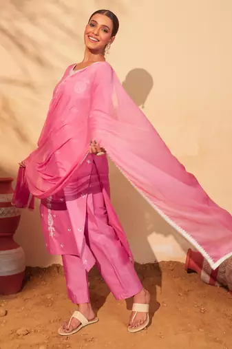 Women's pink cotton embroidered straight kurta set with dupatta and pant