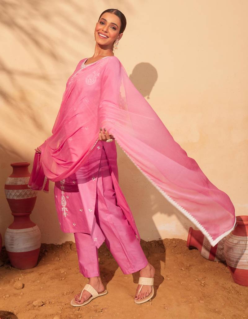 Women's pink cotton embroidered straight kurta set with dupatta and pant