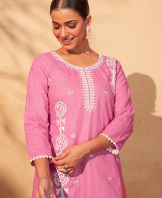 Women's pink cotton embroidered straight kurta set with dupatta and pant 4