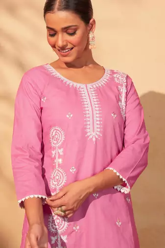 Women's pink cotton embroidered straight kurta set with dupatta and pant