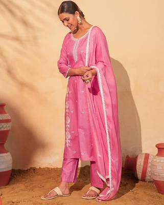 Women's pink cotton embroidered straight kurta set with dupatta and pant 5