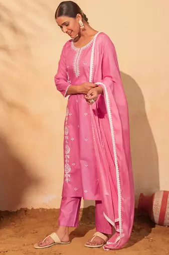 Women's pink cotton embroidered straight kurta set with dupatta and pant