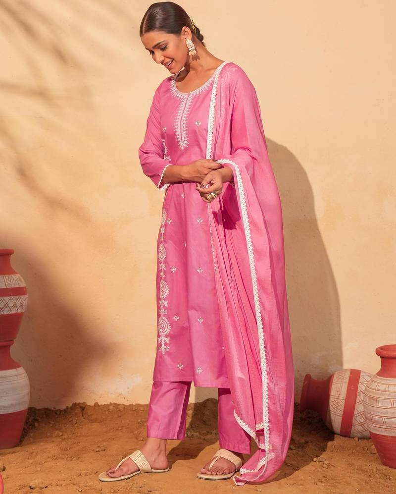 Women's pink cotton embroidered straight kurta set with dupatta and pant