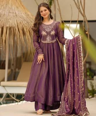 Women's wine silk blend embroidered flared kurta set with dupatta and palazzo 1
