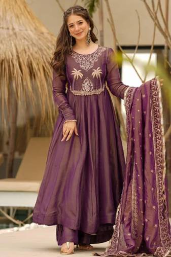 Women's wine silk blend embroidered flared kurta set with dupatta and palazzo