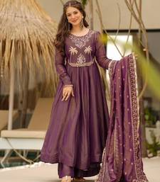 Women's wine silk blend embroidered flared kurta set with dupatta and palazzo