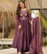 Women's wine silk blend embroidered flared kurta set with dupatta and palazzo