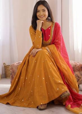 Premium mustard heavy neck embroidery anarkali suit set with dupatta & pant 2