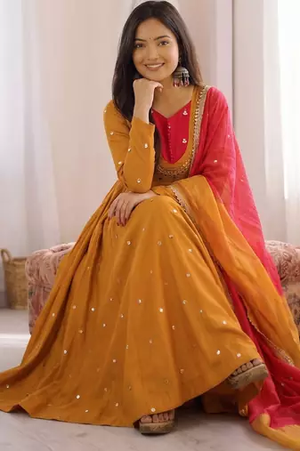Premium mustard heavy neck embroidery anarkali suit set with dupatta & pant