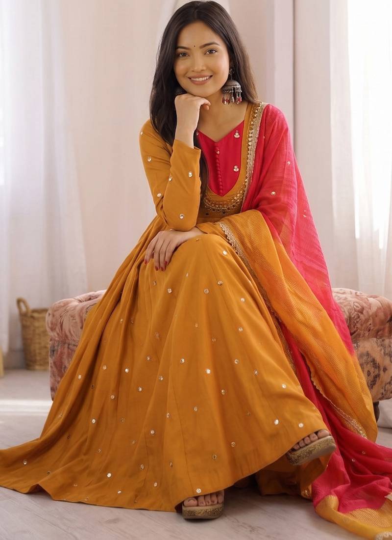 Premium mustard heavy neck embroidery anarkali suit set with dupatta & pant
