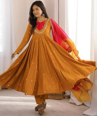 Premium mustard heavy neck embroidery anarkali suit set with dupatta & pant 3