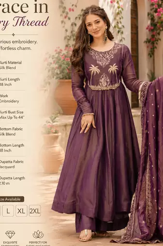 Women's wine silk blend embroidered flared kurta set with dupatta and palazzo