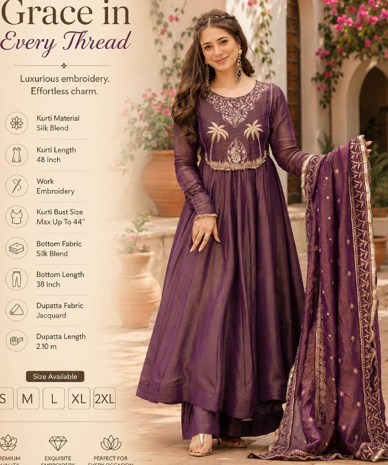 Women's wine silk blend embroidered flared kurta set with dupatta and palazzo