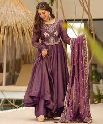 Women's wine silk blend embroidered flared kurta set with dupatta and palazzo 3