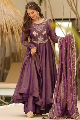 Women's wine silk blend embroidered flared kurta set with dupatta and palazzo