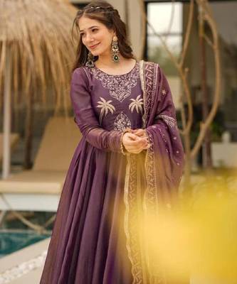 Women's wine silk blend embroidered flared kurta set with dupatta and palazzo 4
