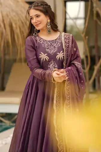 Women's wine silk blend embroidered flared kurta set with dupatta and palazzo