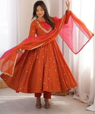 Premium orange heavy neck embroidery anarkali suit set with dupatta & pant 1